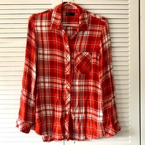 GAP Button Front Shirt - Orange Red White Plaid - Relaxed Fit - XS